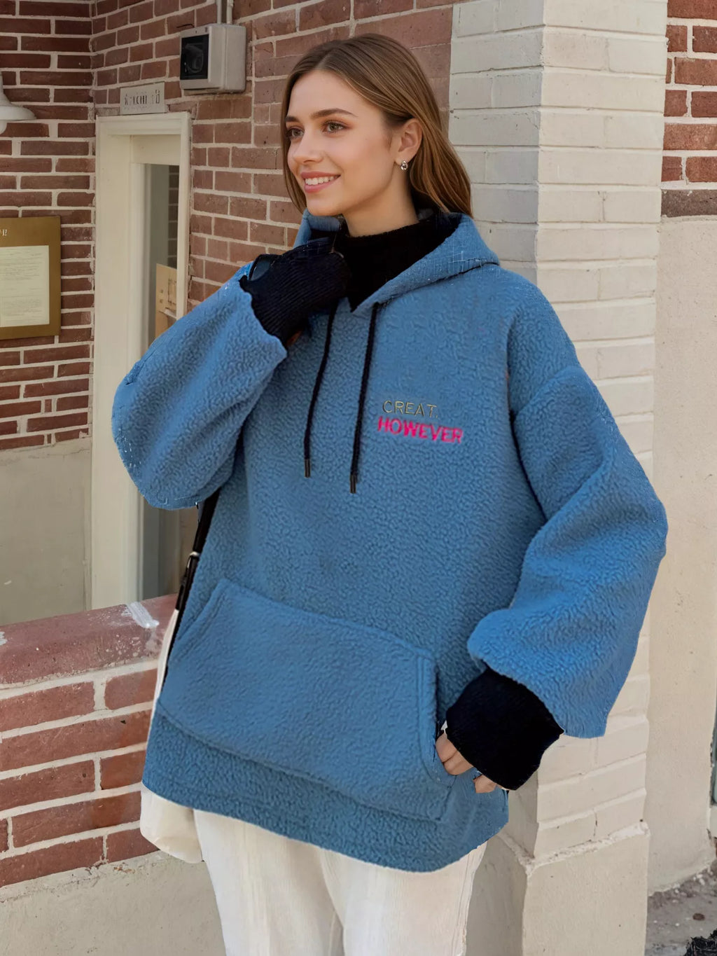 Drawstring Sherpa Kangaroo Pocket Hoodie