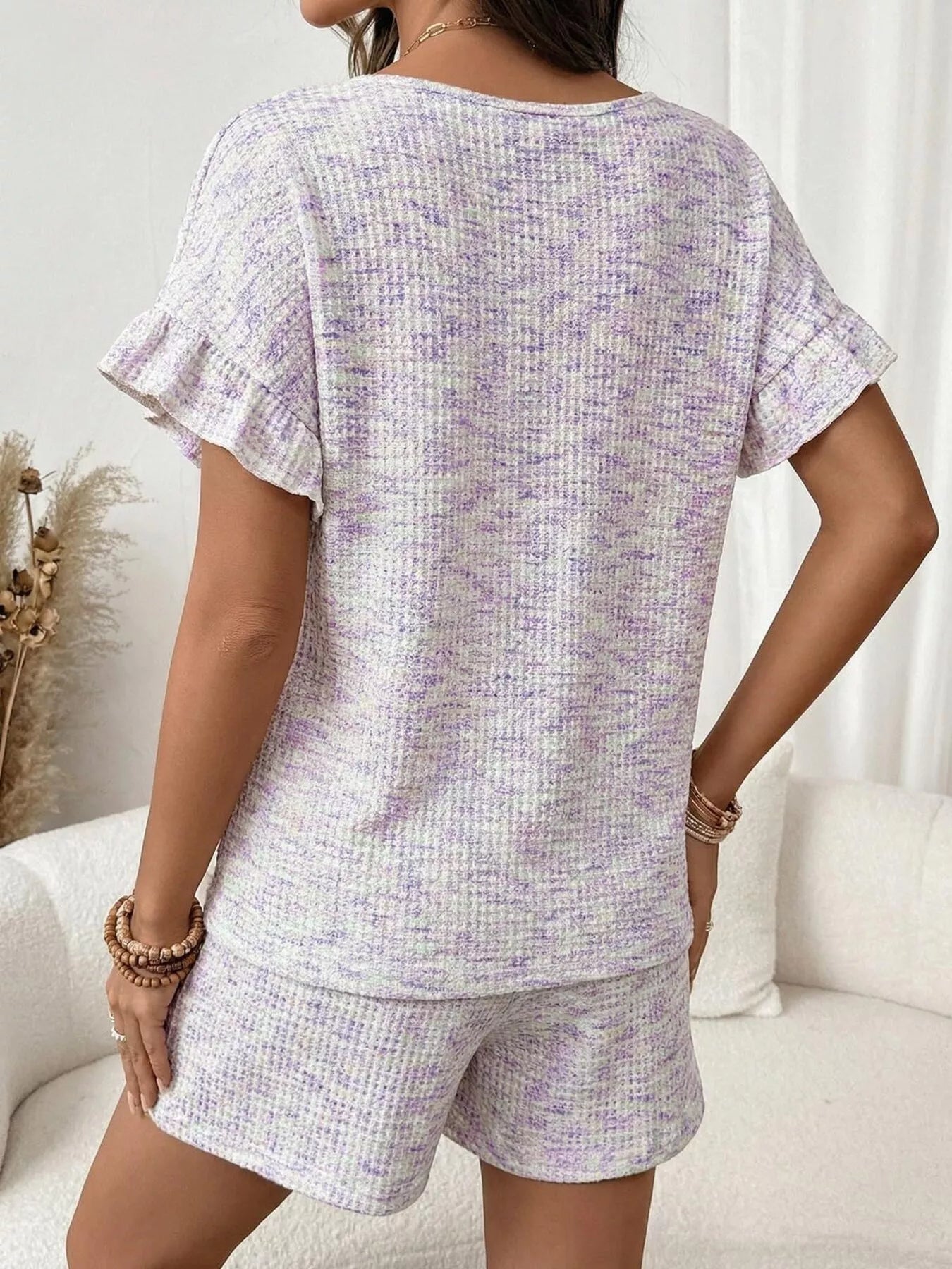 Ruffle Sleeve Textured Top and Shorts Set