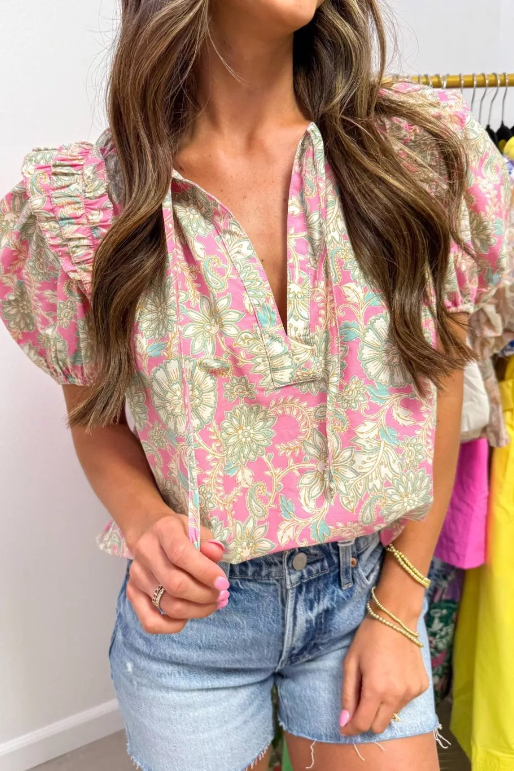 Tie V Neck Floral Short Puff Sleeve Blouse