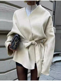 Surplice Tie Waist Dropped Shoulder Outerwear