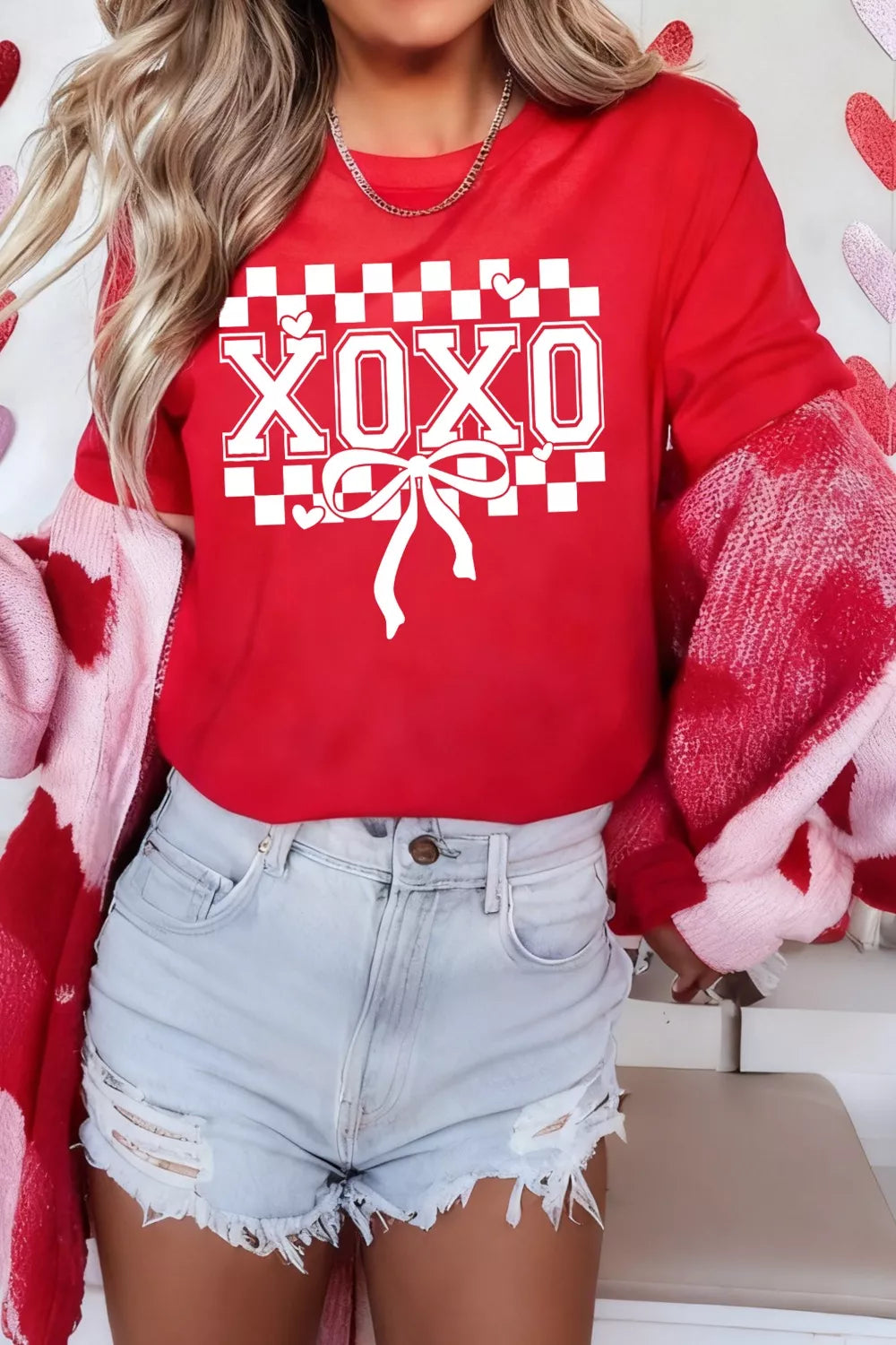 XOXO Checkered Ribbon Bow Print Valentines Day T Shirt
