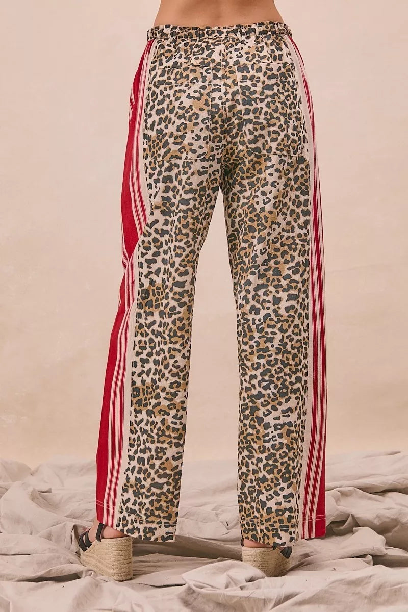 BiBi Leopard Print Pants with Side Contrast and Tucking Welt Pocke