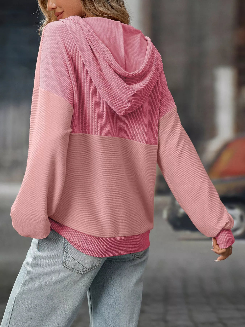 Casual Color Block Button Detail Hoodie