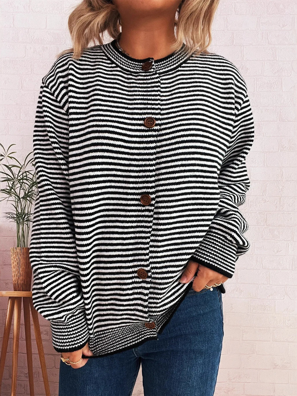 Striped Button Up Long Sleeve Cardigan