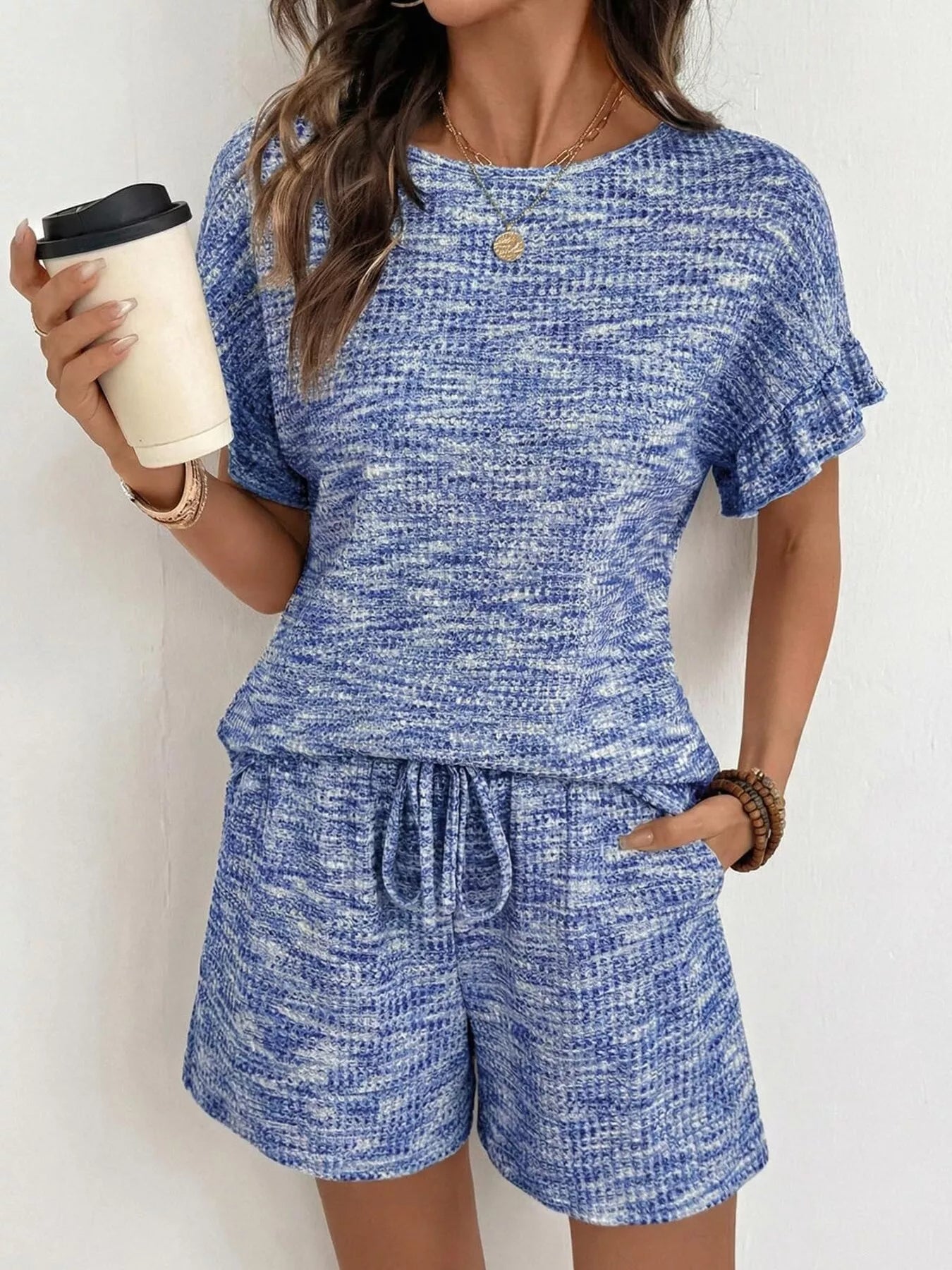 Ruffle Sleeve Textured Top and Shorts Set