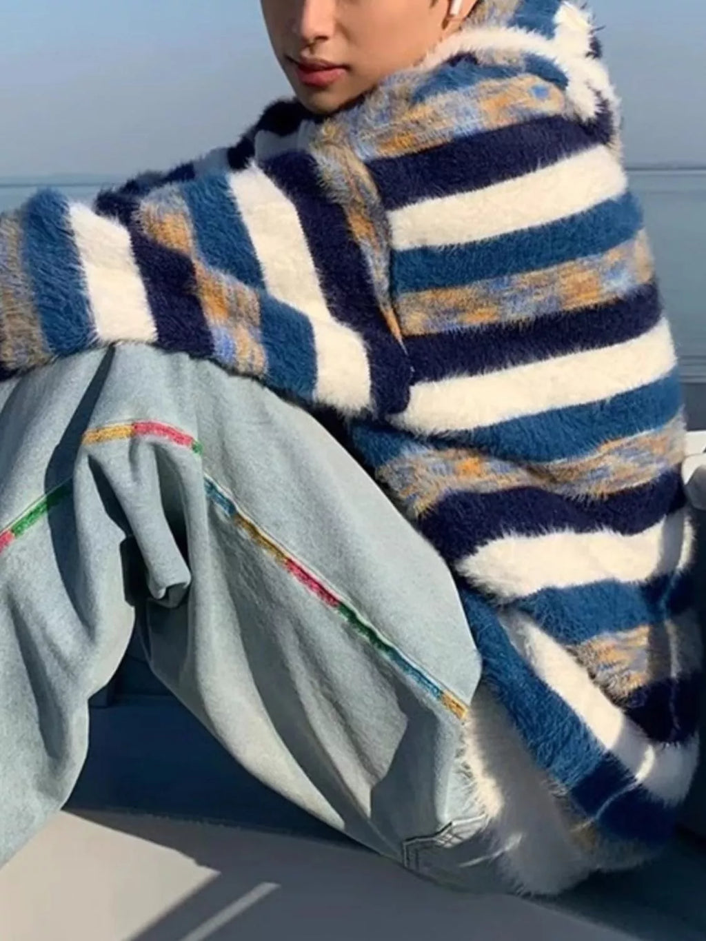 Men's Striped Fuzzy Knit Hooded Sweater