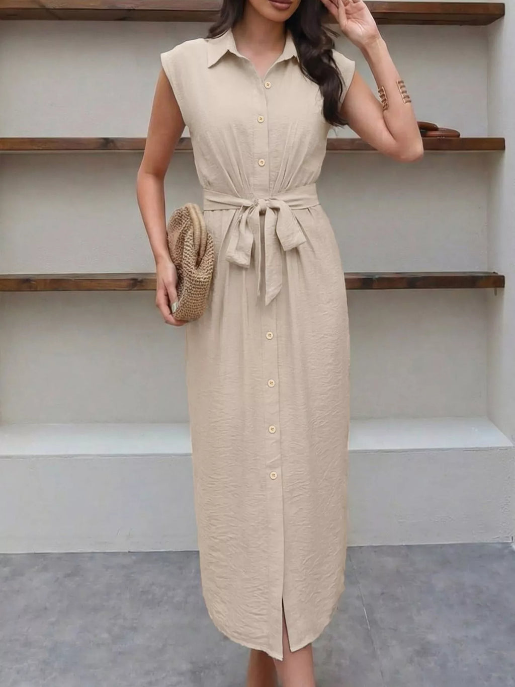 Sleeveless Button-Down Tie Waist Midi Dress