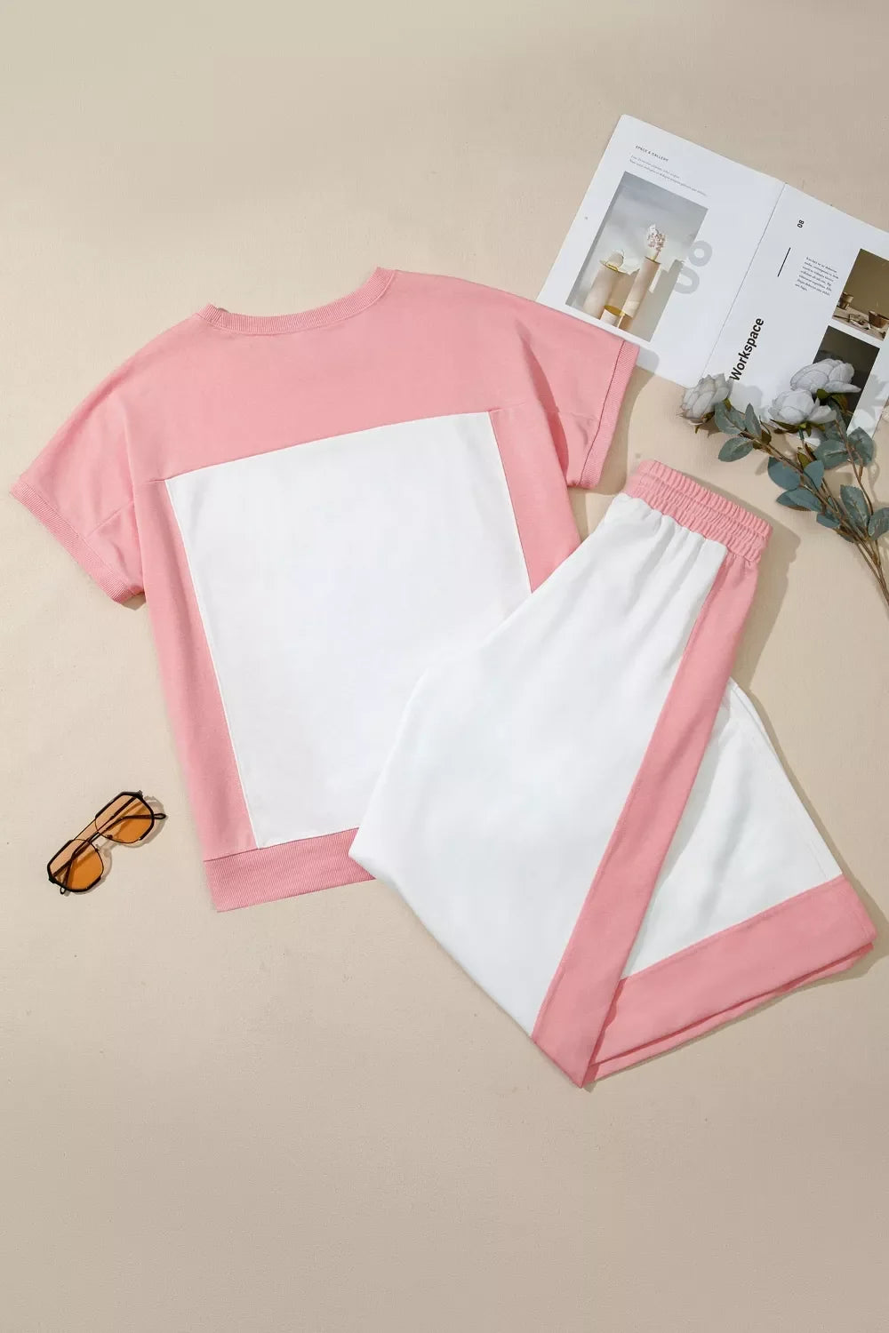 Two-tone Color Block Patchwork Tee Drawstring Loose Pant Set