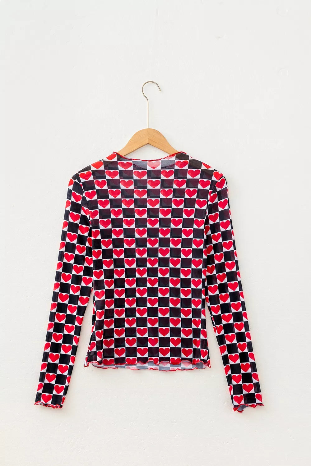 Plaid Heart Mesh Sheer Long Sleeve High Neck Top