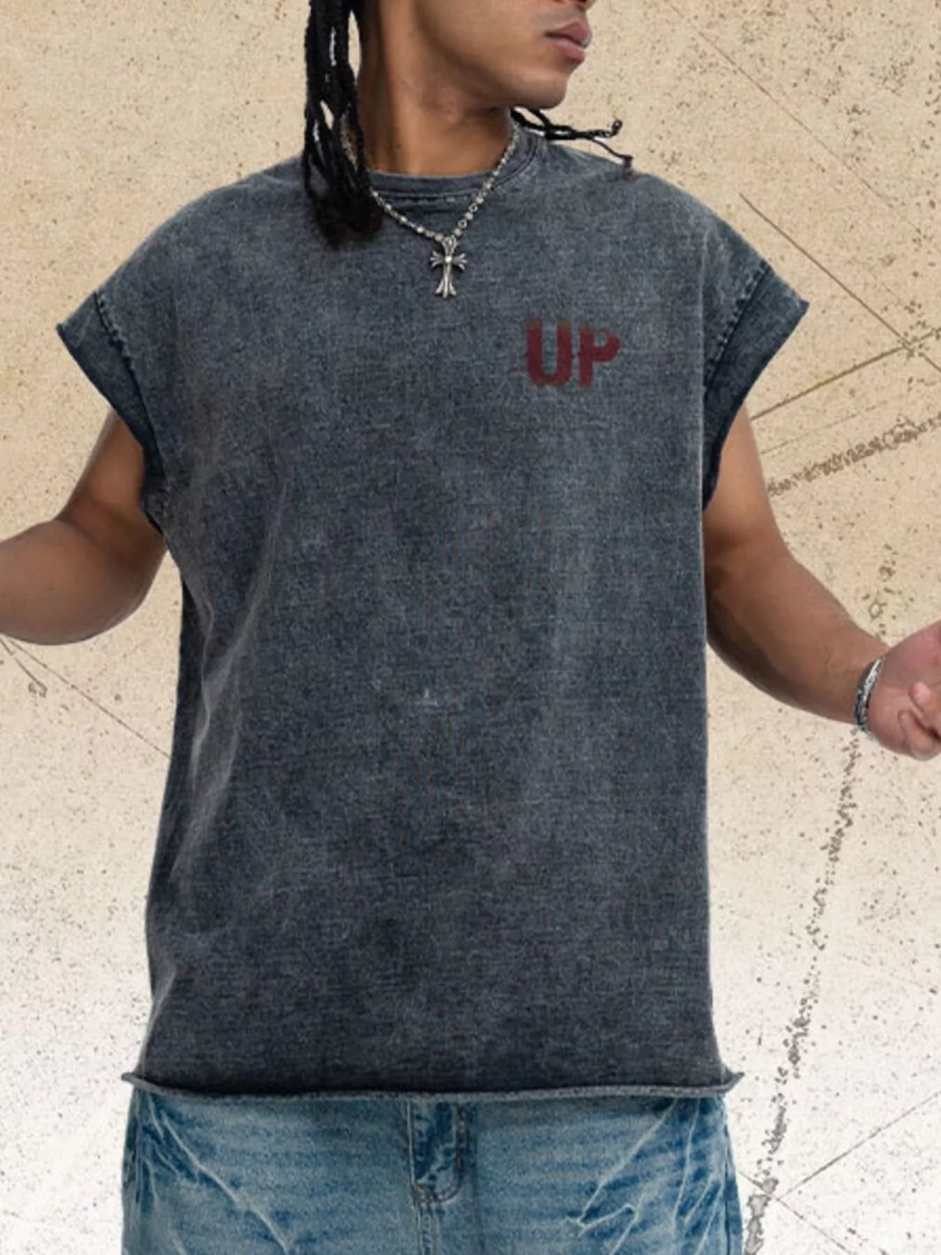 Men's Vintage Washed Tank Top with 'UP' Letter