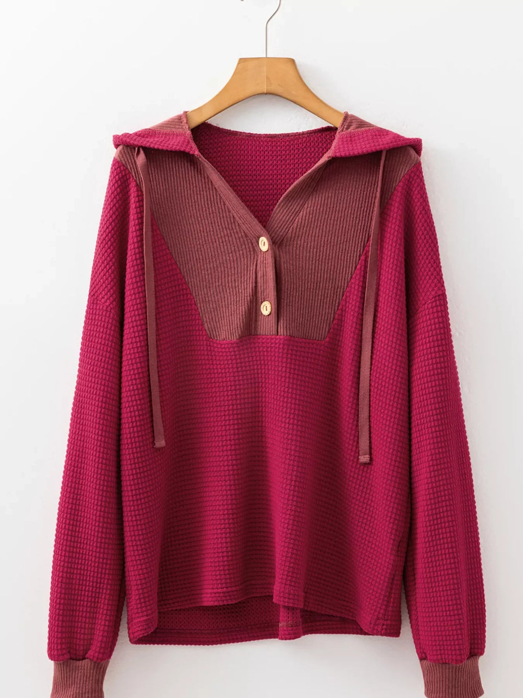 Waffle Knit Henley Sweatshirt with Button Detail