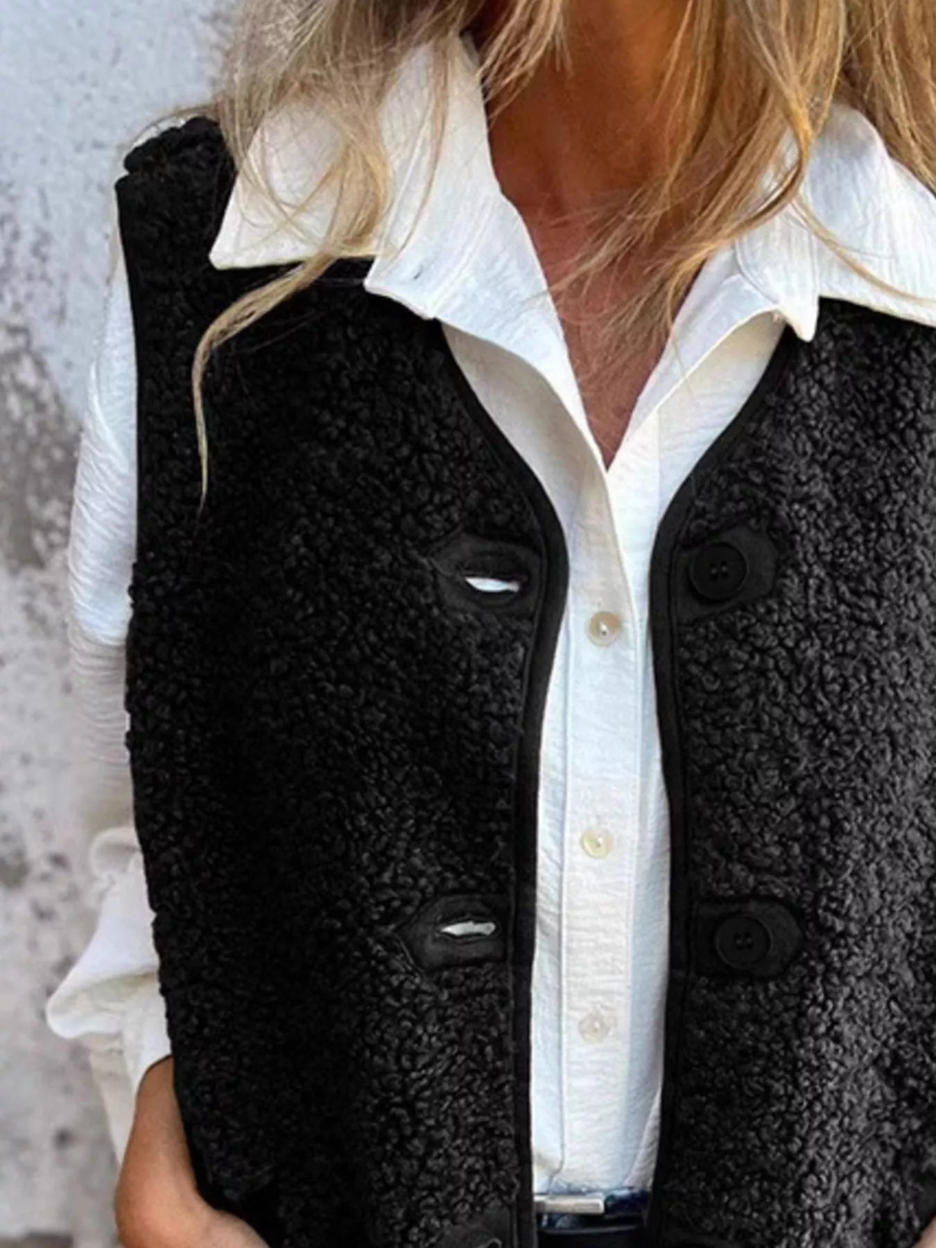 Full Size Cozy Sherpa Fleece Button-Up Vest Coat with Pockets Plus Size