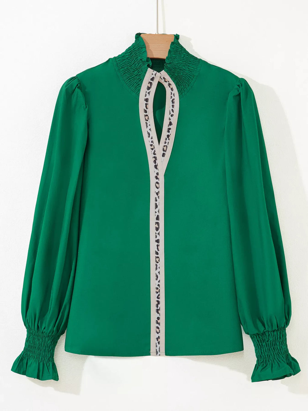 Puffy Flounce Sleeve Leopard Trim V Neck Blouse