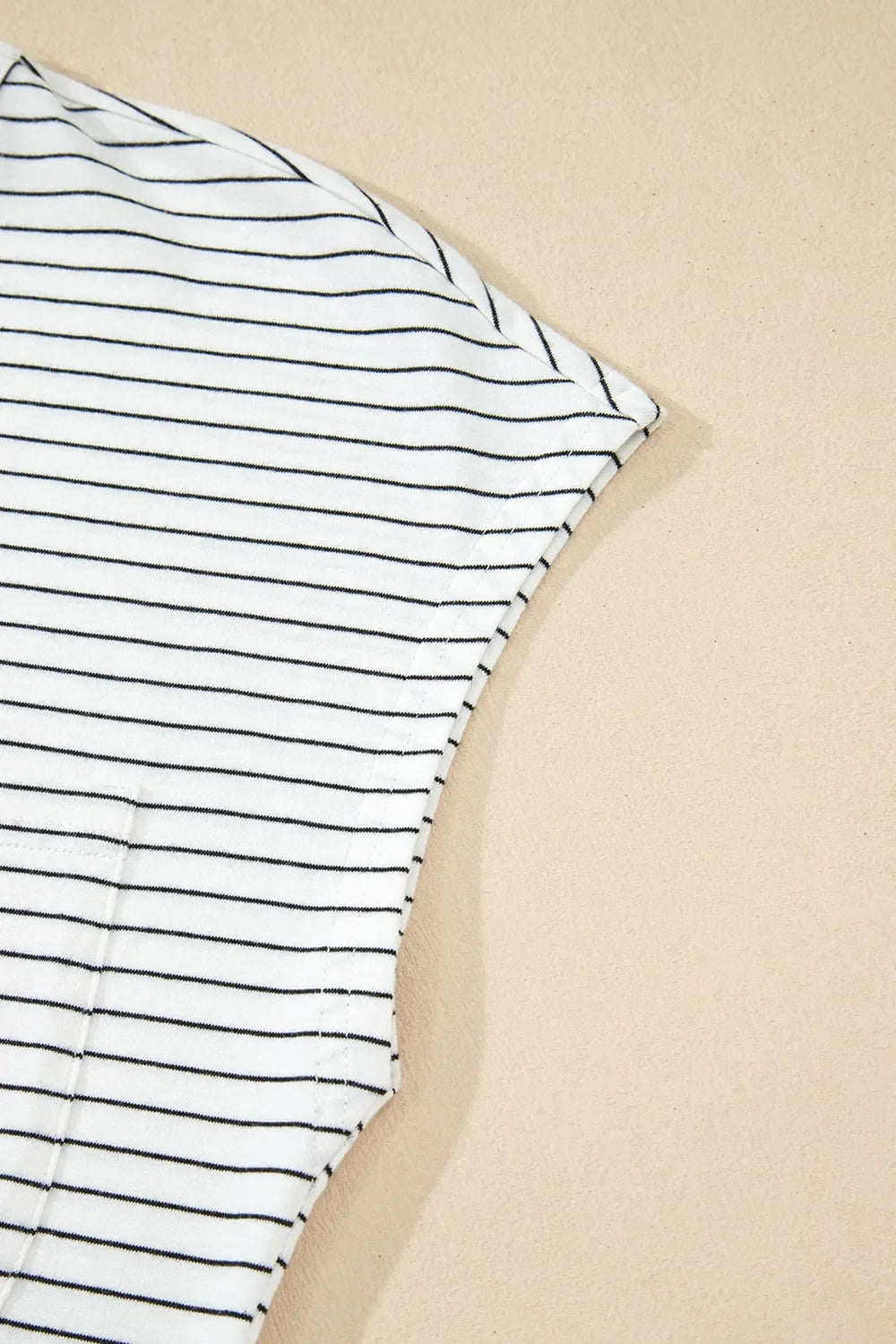 Stripe Cap Sleeve Crew Neck Casual Tee with Chest Pocket