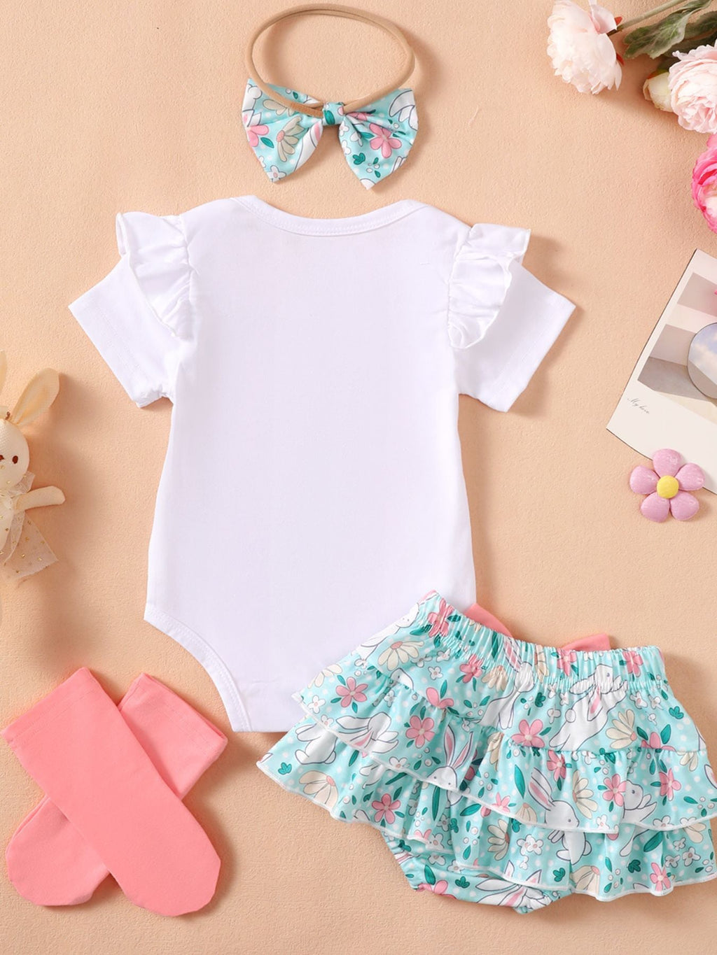 Children's Ruffled Trim Bodysuit and Skirt Set with Headband
