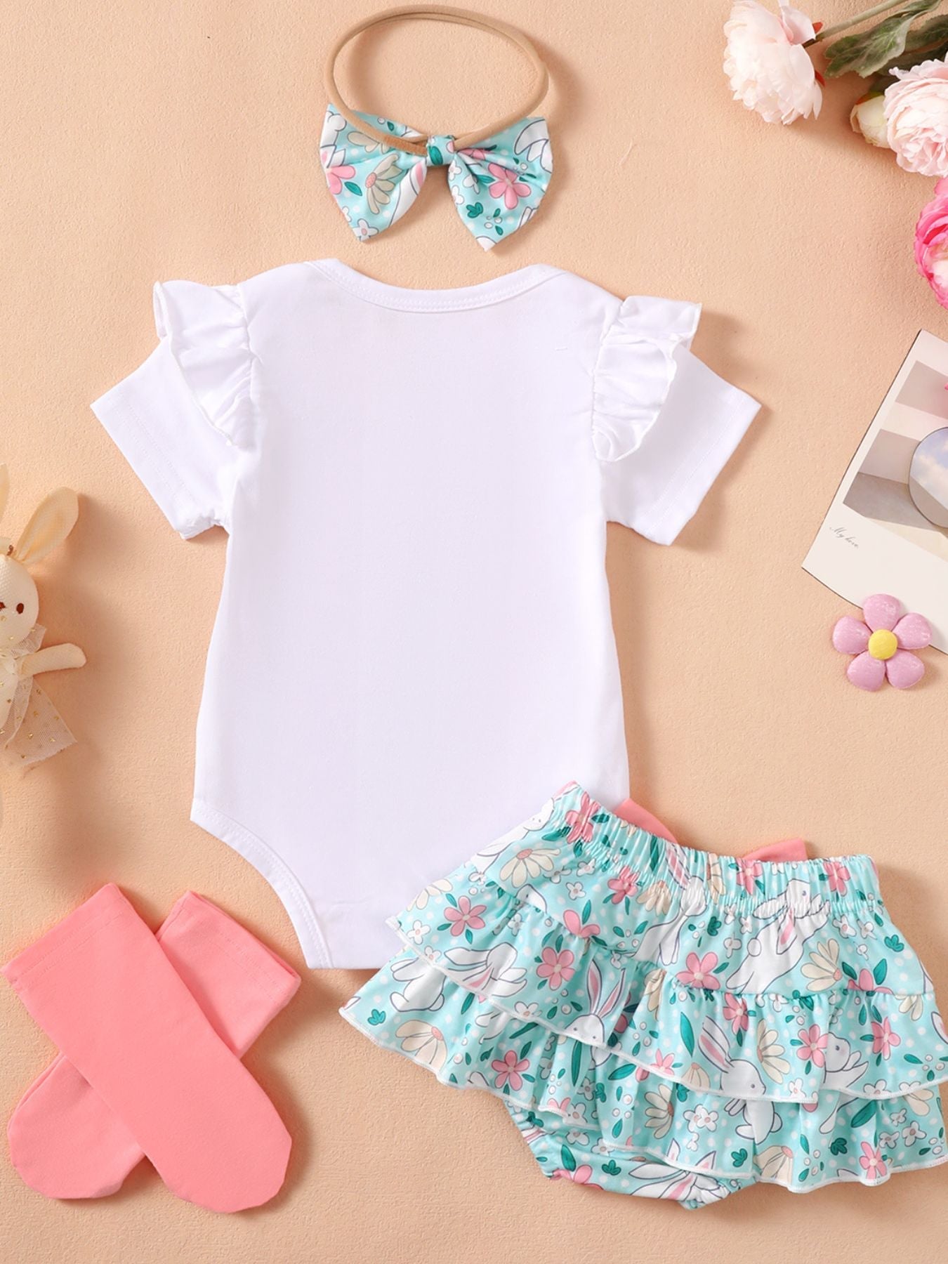 Children's Ruffled Trim Bodysuit and Skirt Set with Headband
