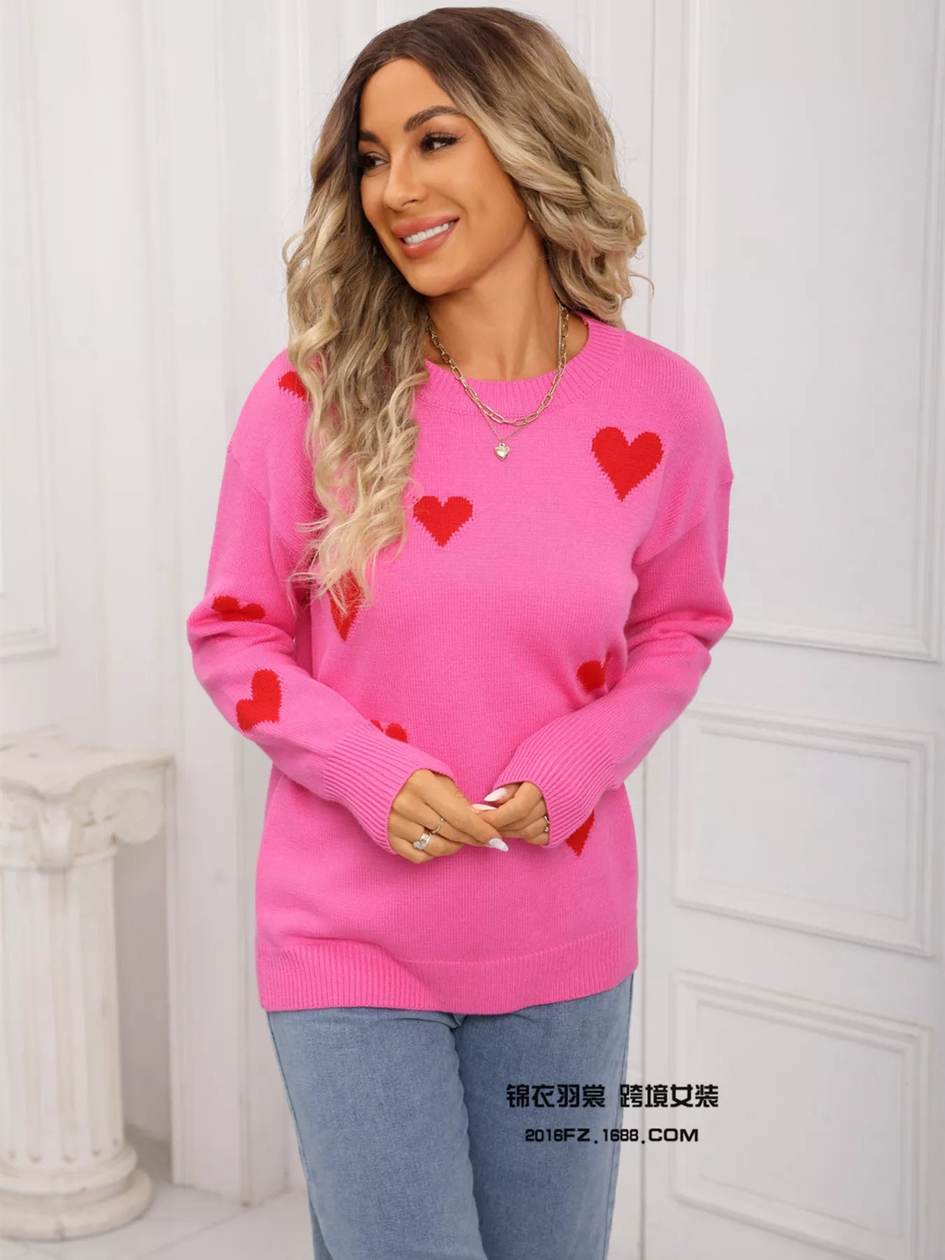 Valentine's Day Heart Print Round Neck Sweater