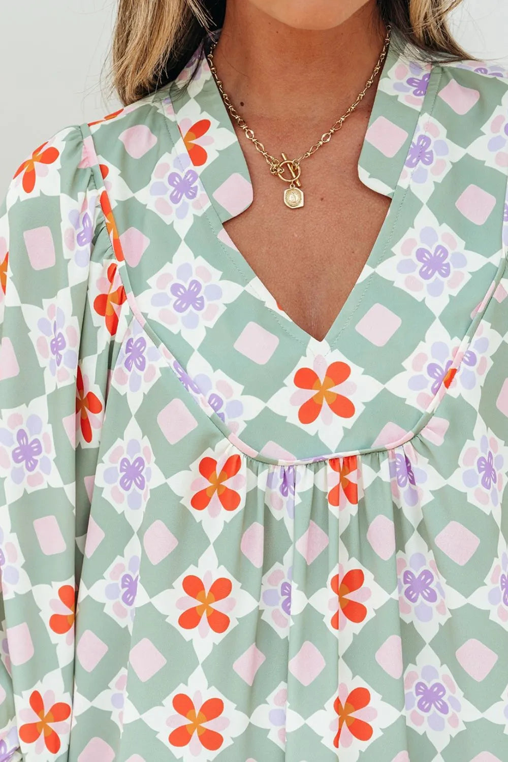 Printed Notched 3/4 Balloon Sleeves Loose Dress