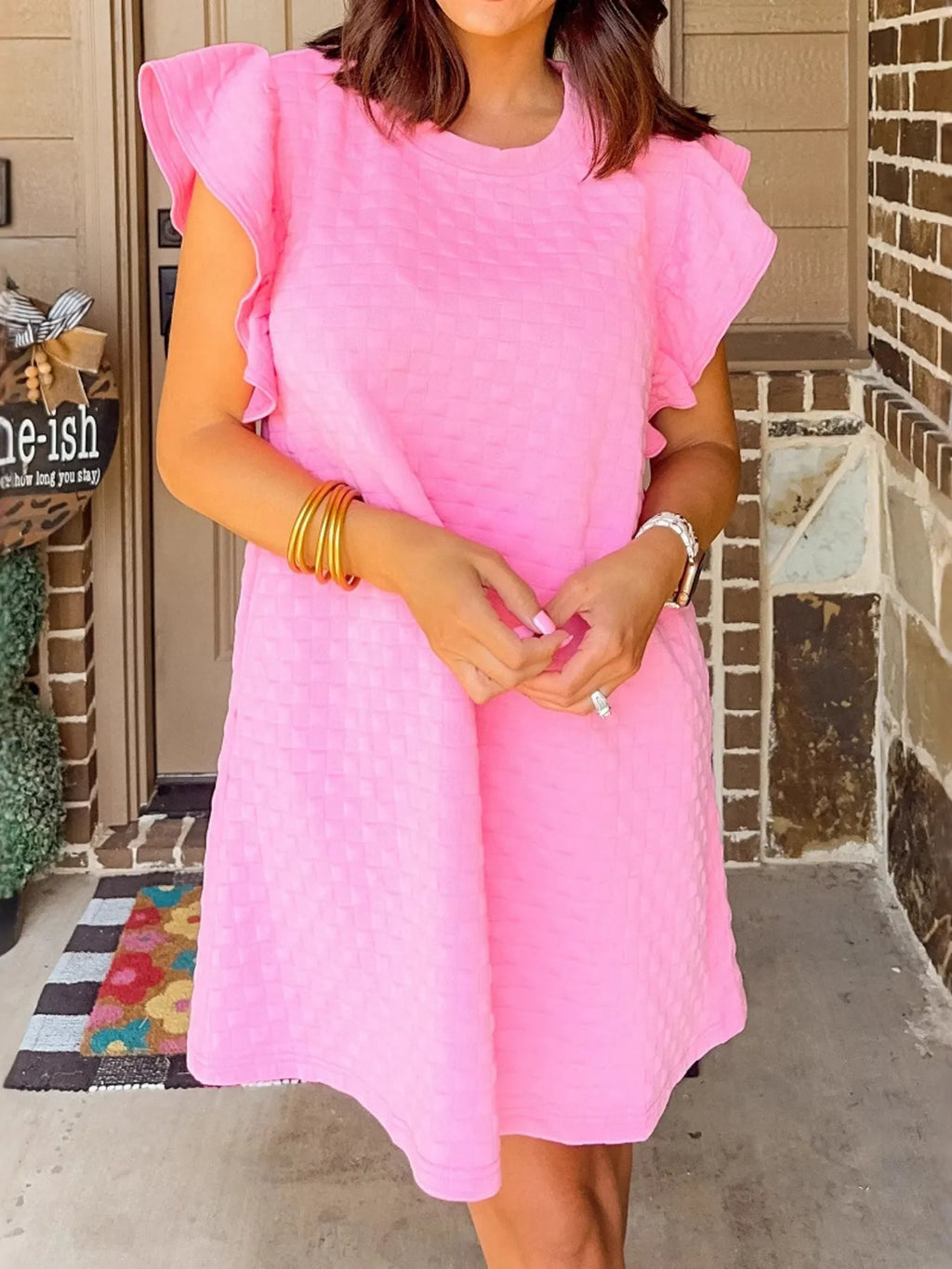 Textured Ruffle Sleeve Casual Summer Dress