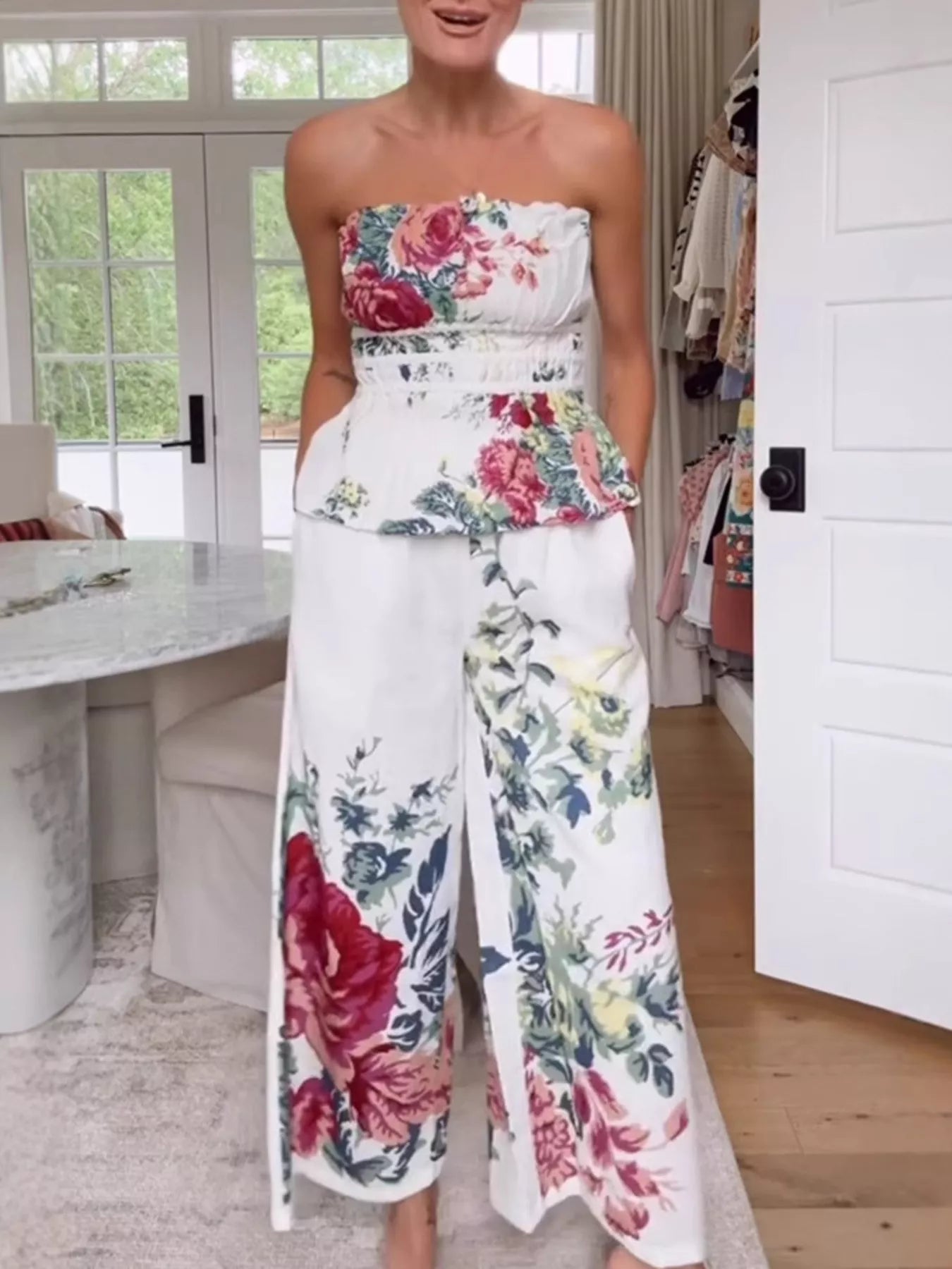 Floral Print Strapless Top and Wide-Leg Pants Set
