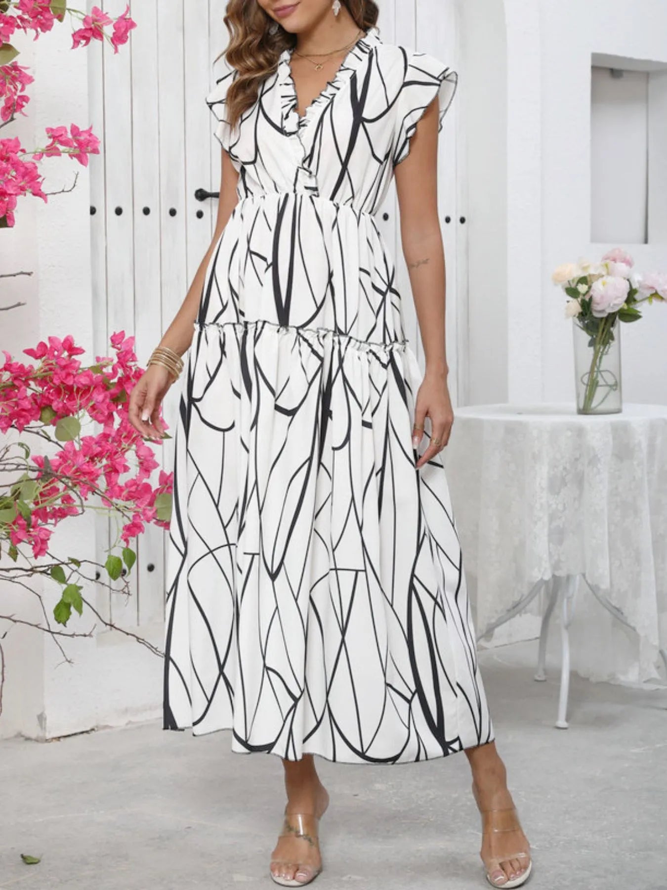Abstract Print Ruffle Sleeve V-Neck Midi Dress