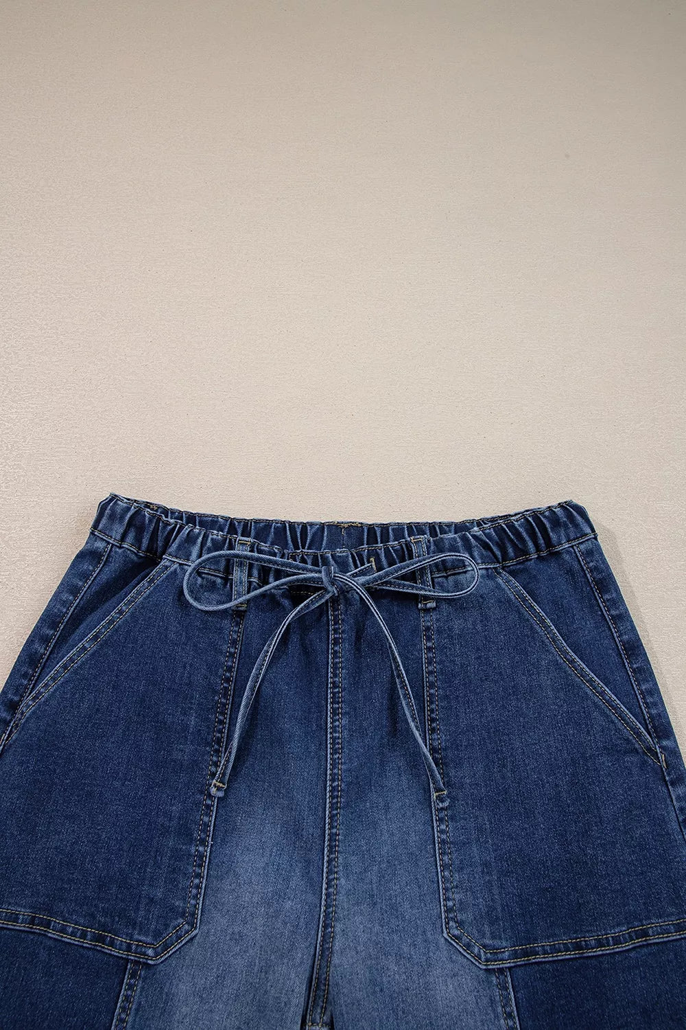 Drawstring Seam Detail Raw Hem Wide Leg Denim Pants