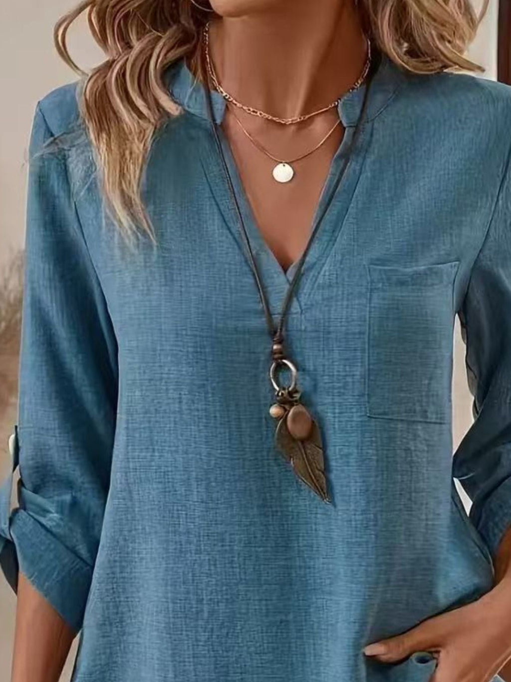 Notched Roll-Up Sleeve Blouse