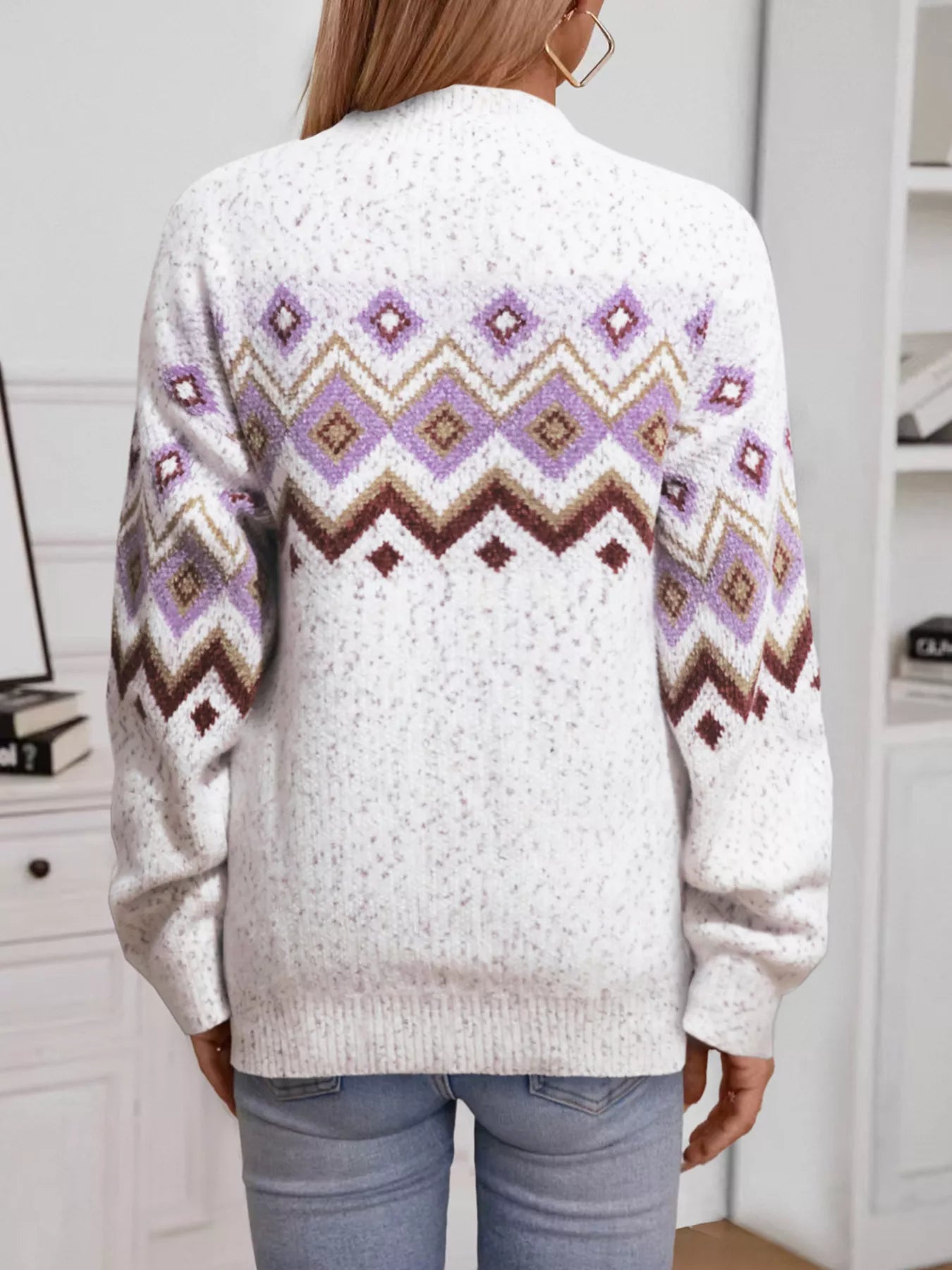 Geometric Pattern Mock Neck Sweater
