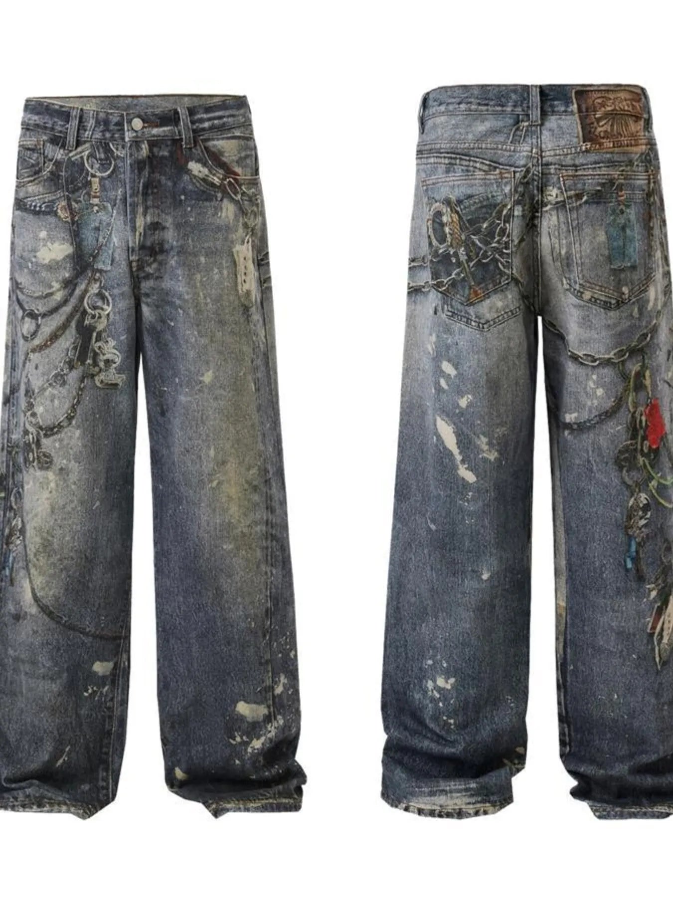 Men's Distressed Printed Wide Leg Jeans