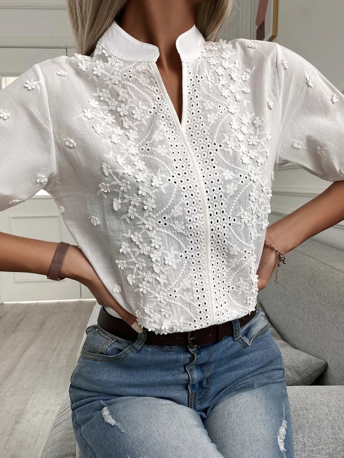 Embroidered Eyelet Notched Half Sleeve Blouse