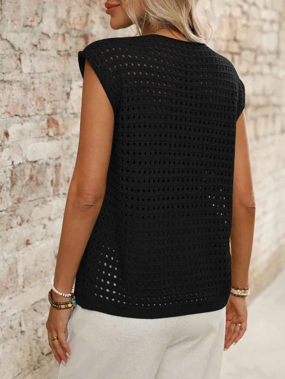 Tied Front Openwork V-Neck Knit Top
