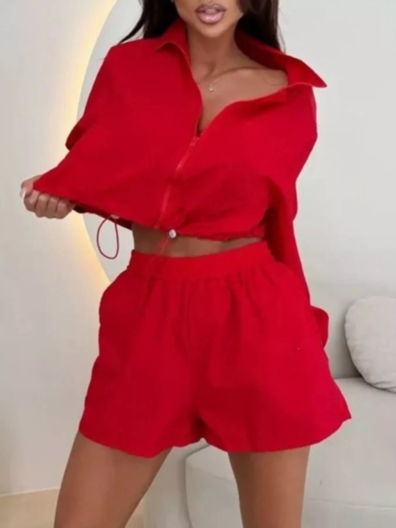 Zip Up Long Sleeve Outerwear and Shorts Set
