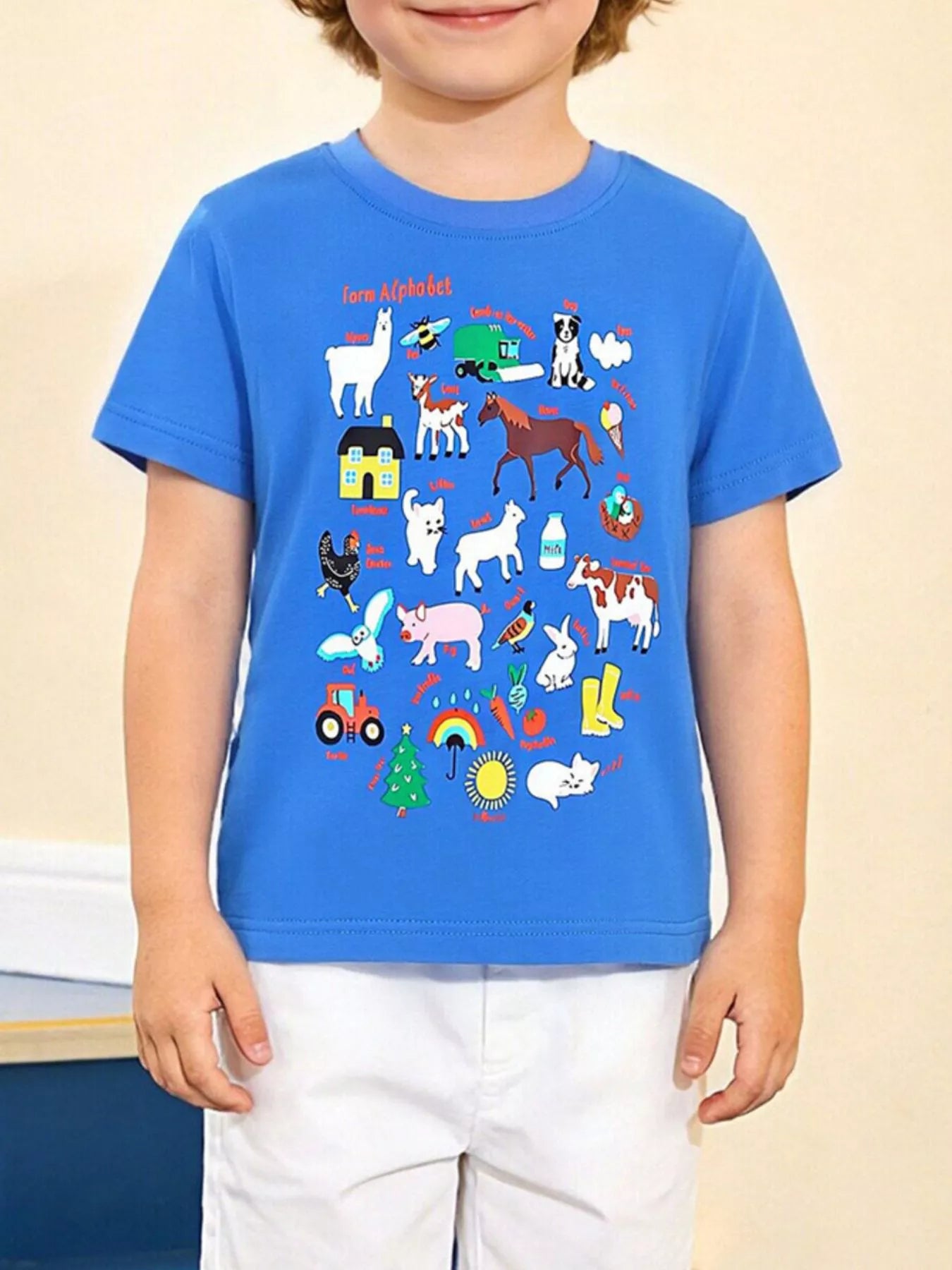 Children's Farm Alphabet Print Crew Neck T-Shirt