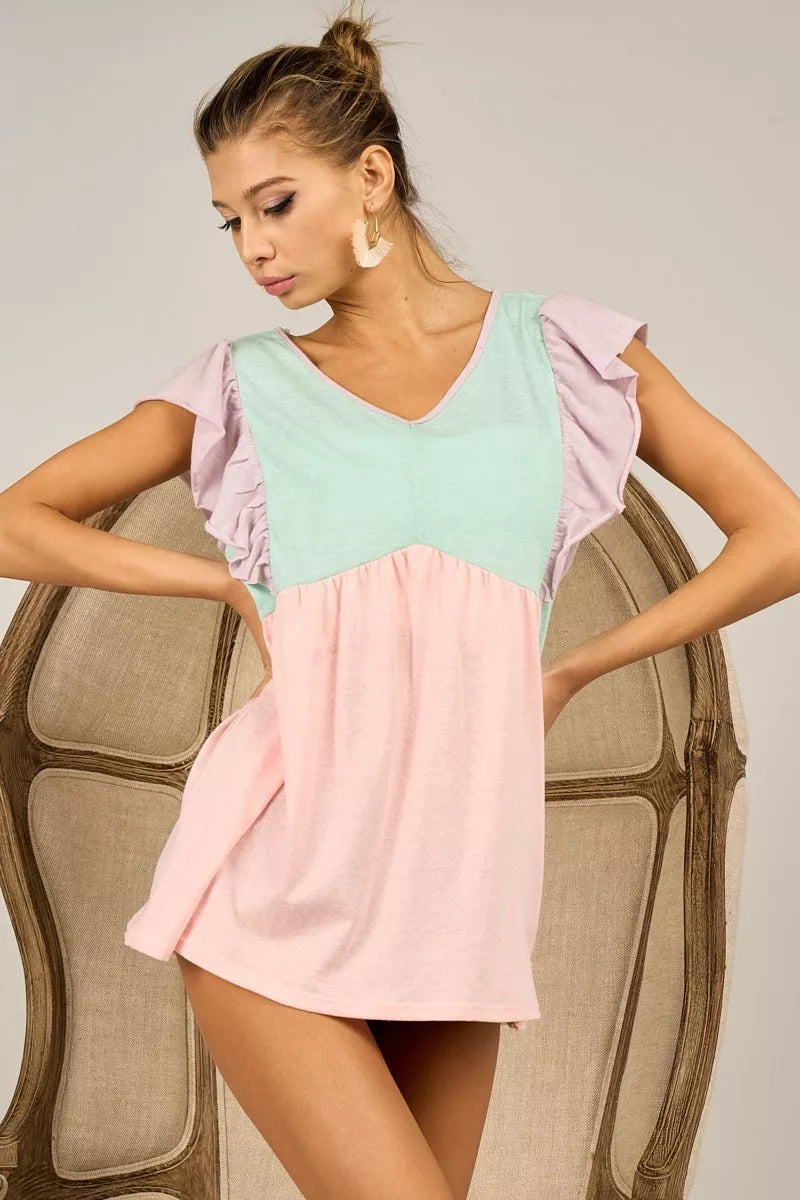 BiBi Triblend Color Block Ruffled Sleeve Babydoll Top