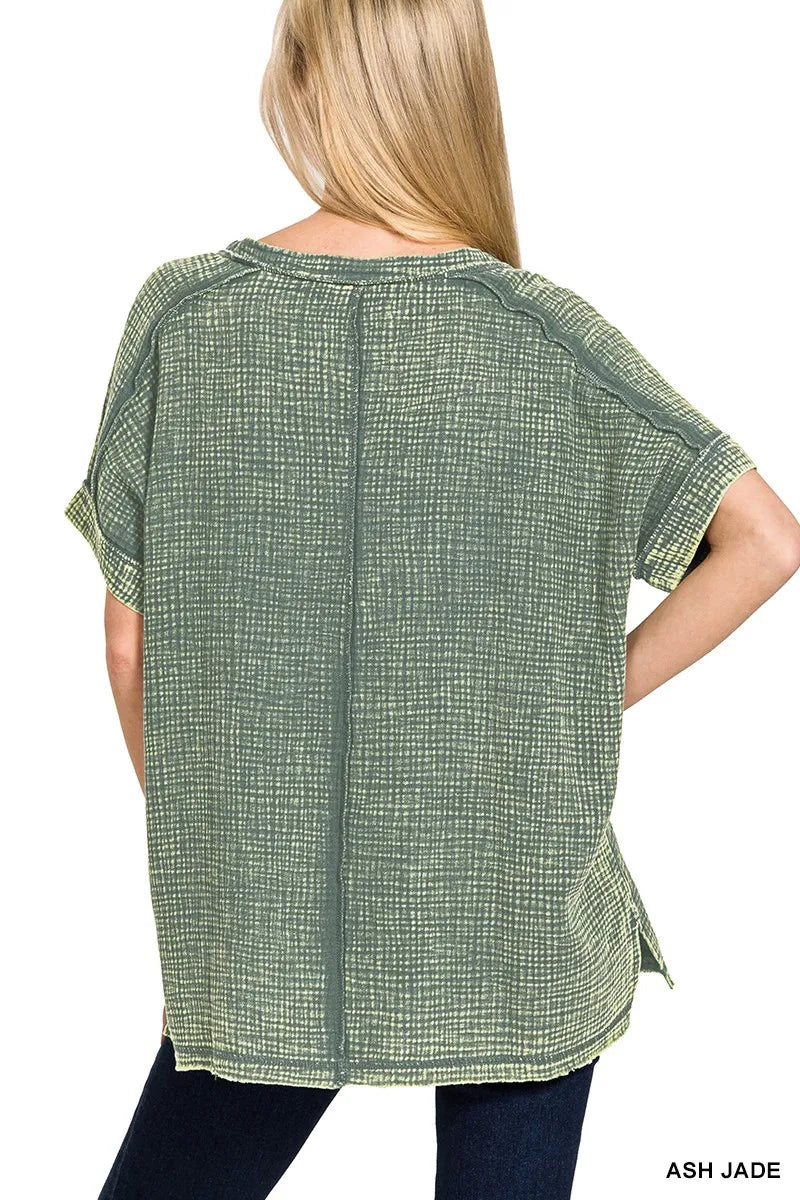 Zenana Acid Washed Double Gauze V-Neck Tee