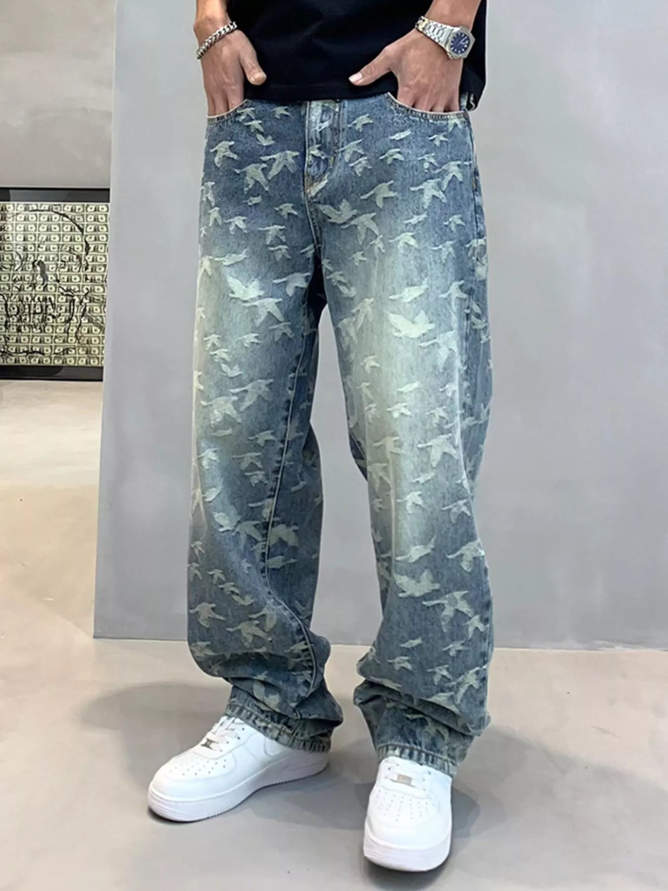 Men's Vintage Bird Print Loose Fit Jeans