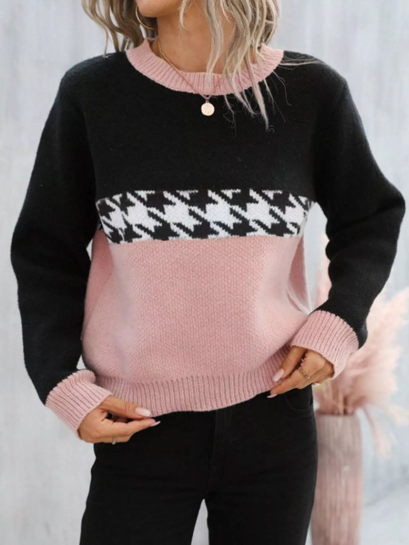 Houndstooth Pattern Color Block Sweater