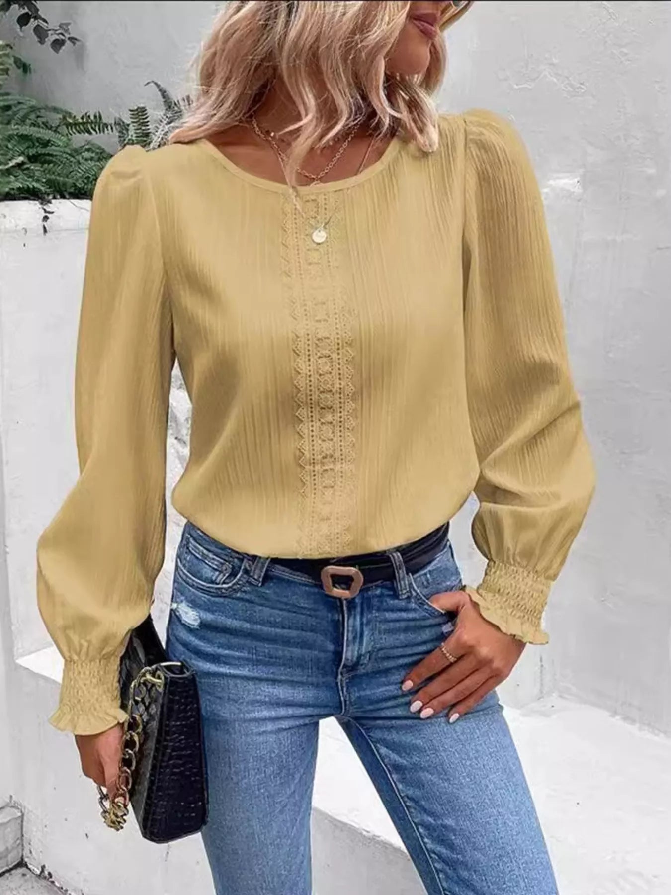 Lace Trim Long Sleeve Blouse