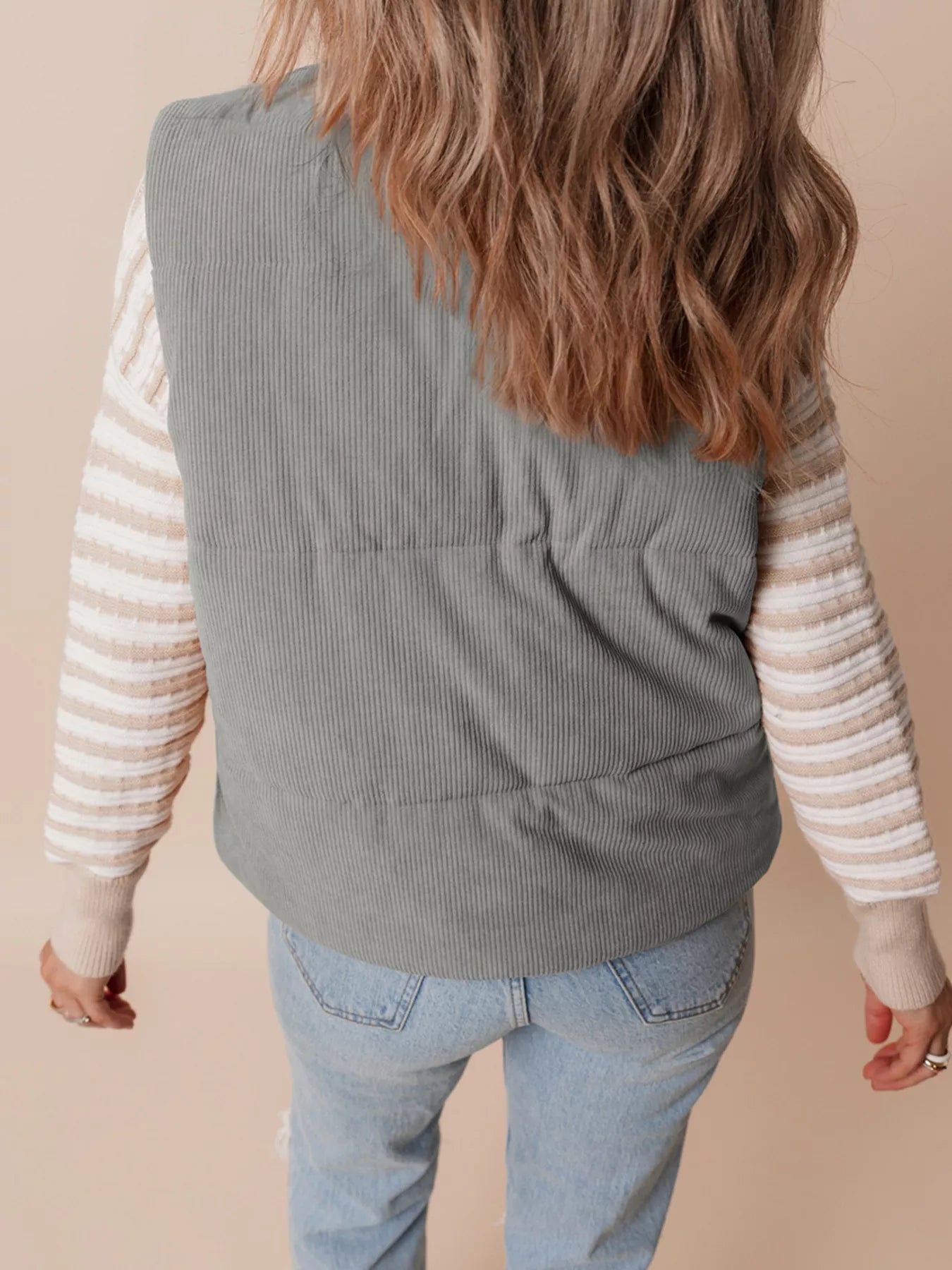 Corduroy Stand Neck Zipped Puffer Vest