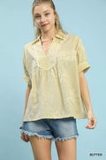 Umgee Striped Embroidered Blouse with Scallop Trim