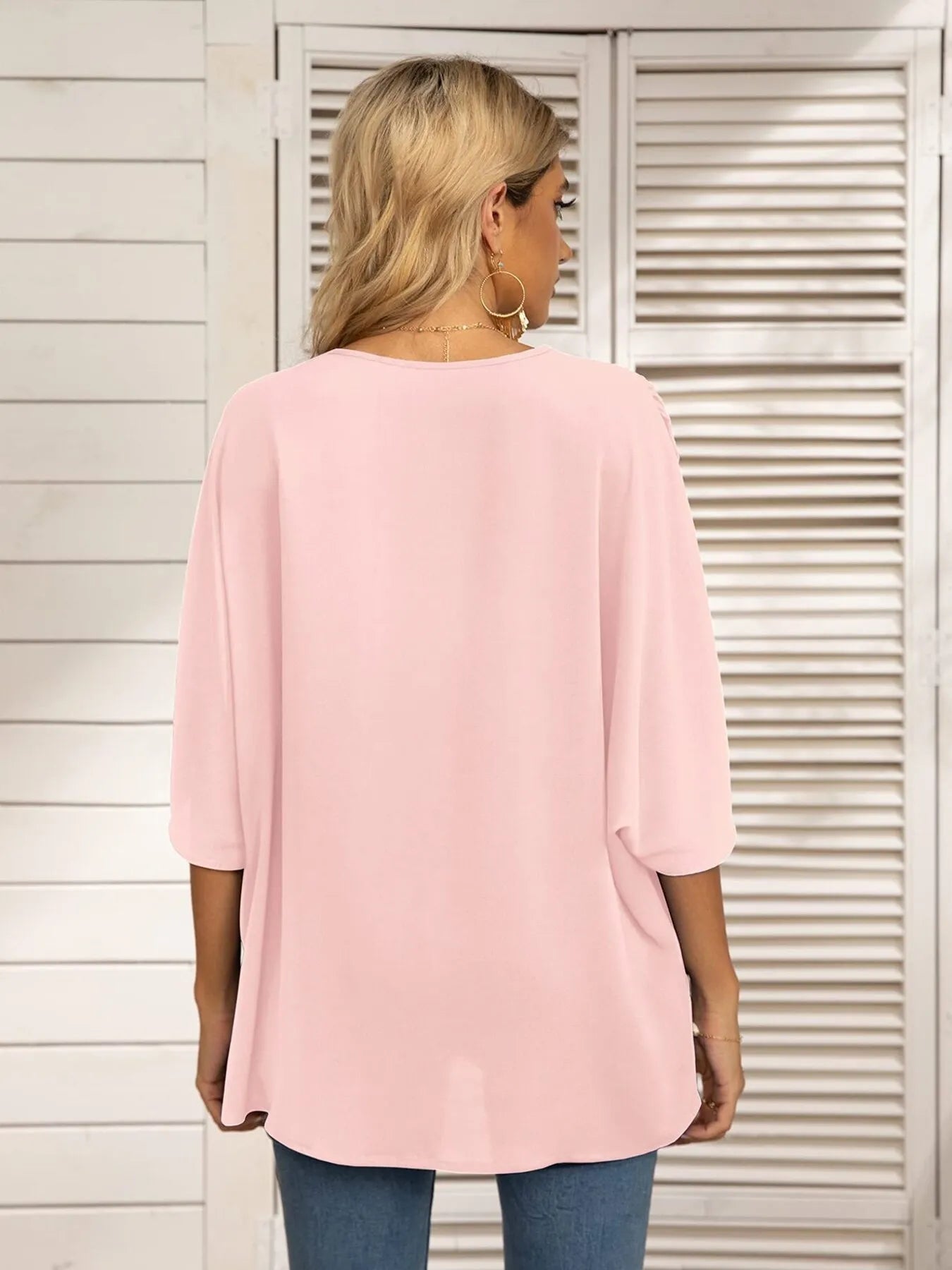 Oversized Contrast V-Neck Half Sleeve Blouse