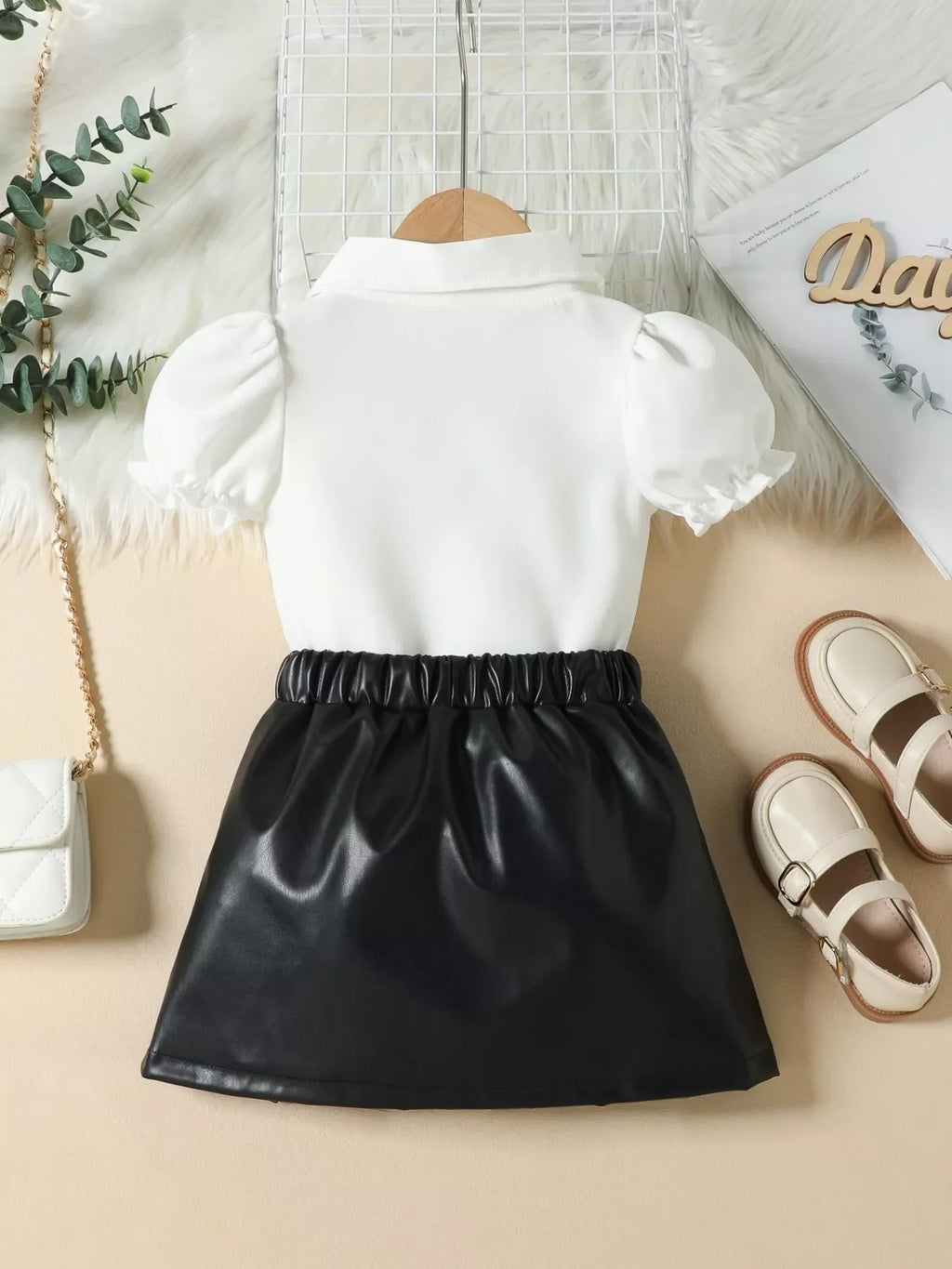 Children's Ruffle Trim Puff Sleeve Top & Pleated Skirt Set