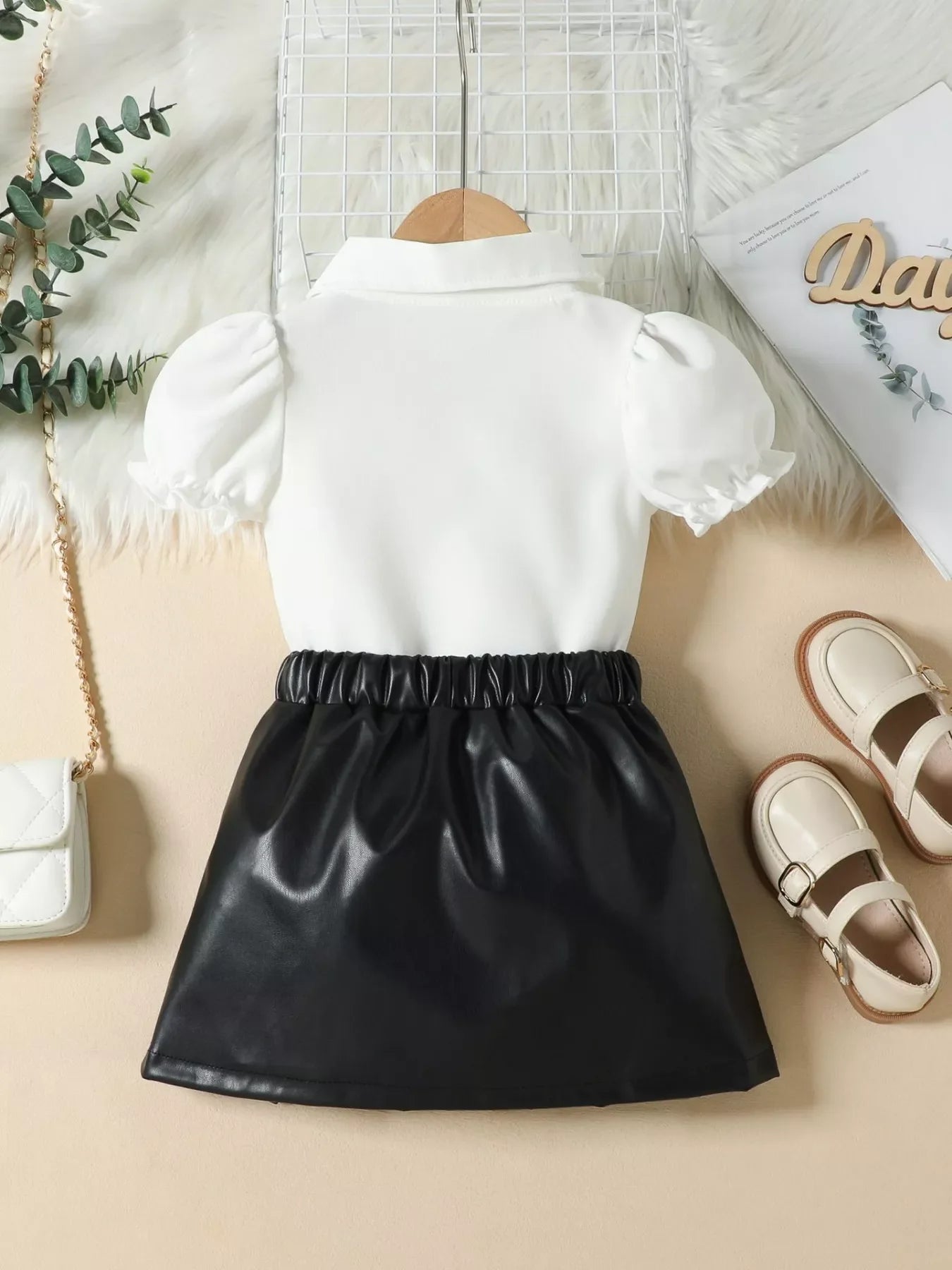 Children's Ruffle Trim Puff Sleeve Top & Pleated Skirt Set