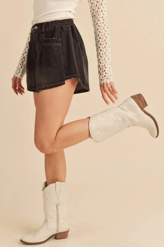 Aemi + Co Frayed Hem Elastic Waist Denim Shorts