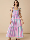Striped Tiered Maxi Summer Dress with Bow Shoulder Ties