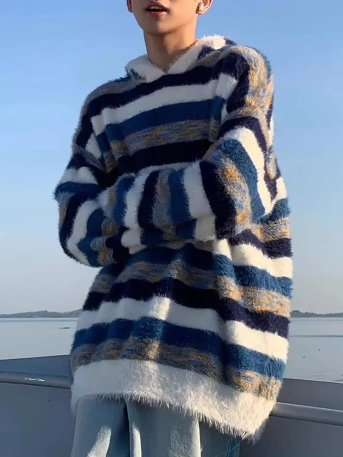 Men's Striped Fuzzy Knit Hooded Sweater