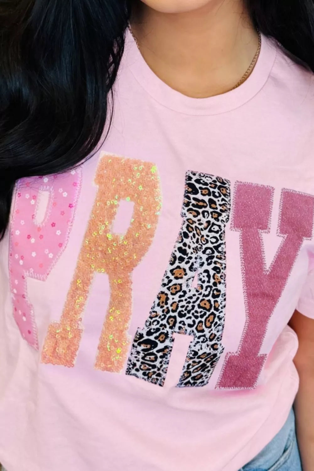 PRAY Sequin Leopard Multiple Patched Graphic Tee