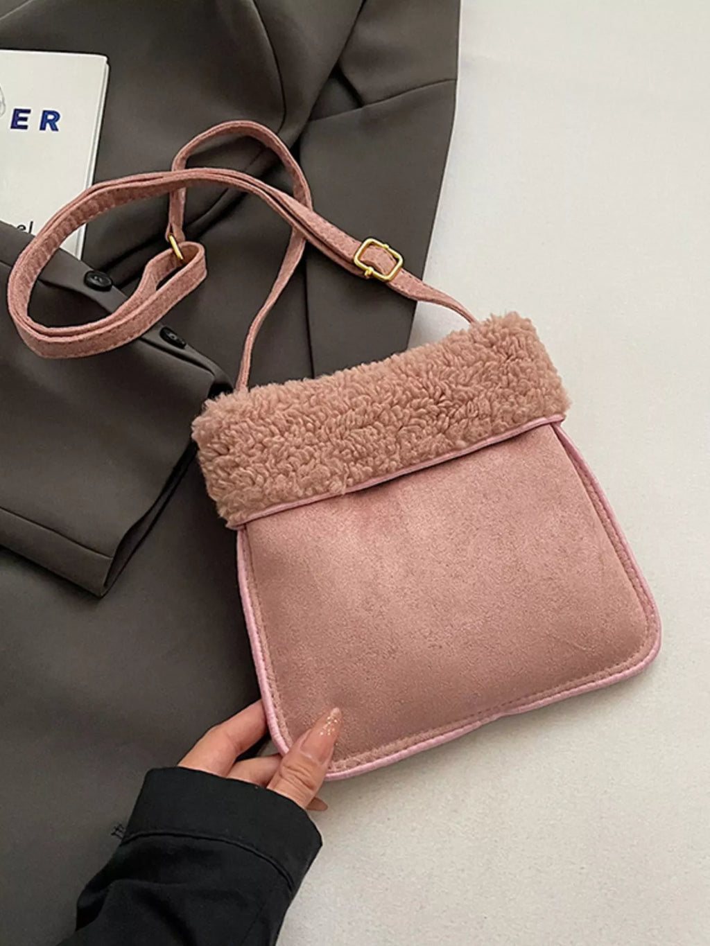 Teddy Bear Charm Plush Trim Crossbody Bag