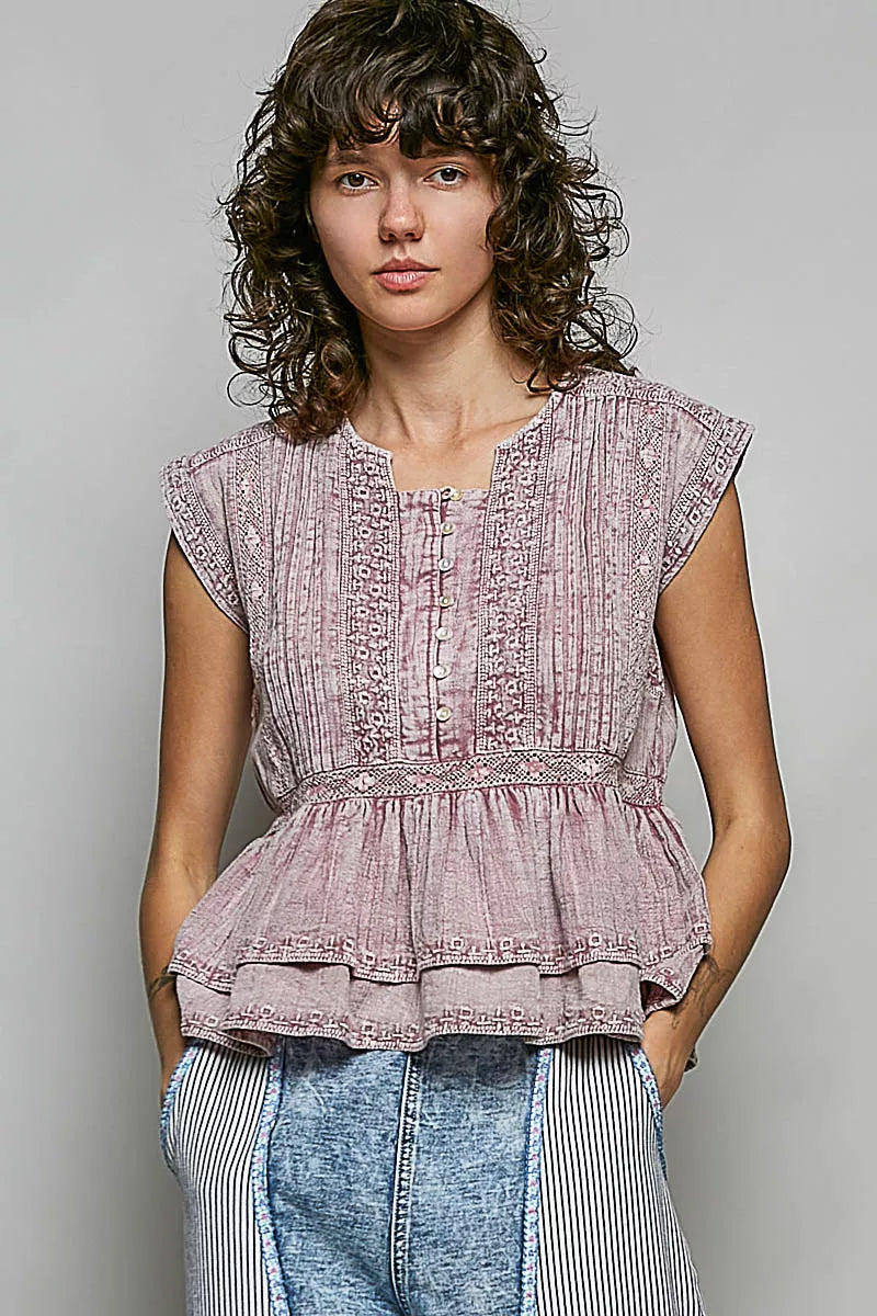 POL Eyelet Embroidery Pintuck Sleeveless Cotton Blouse