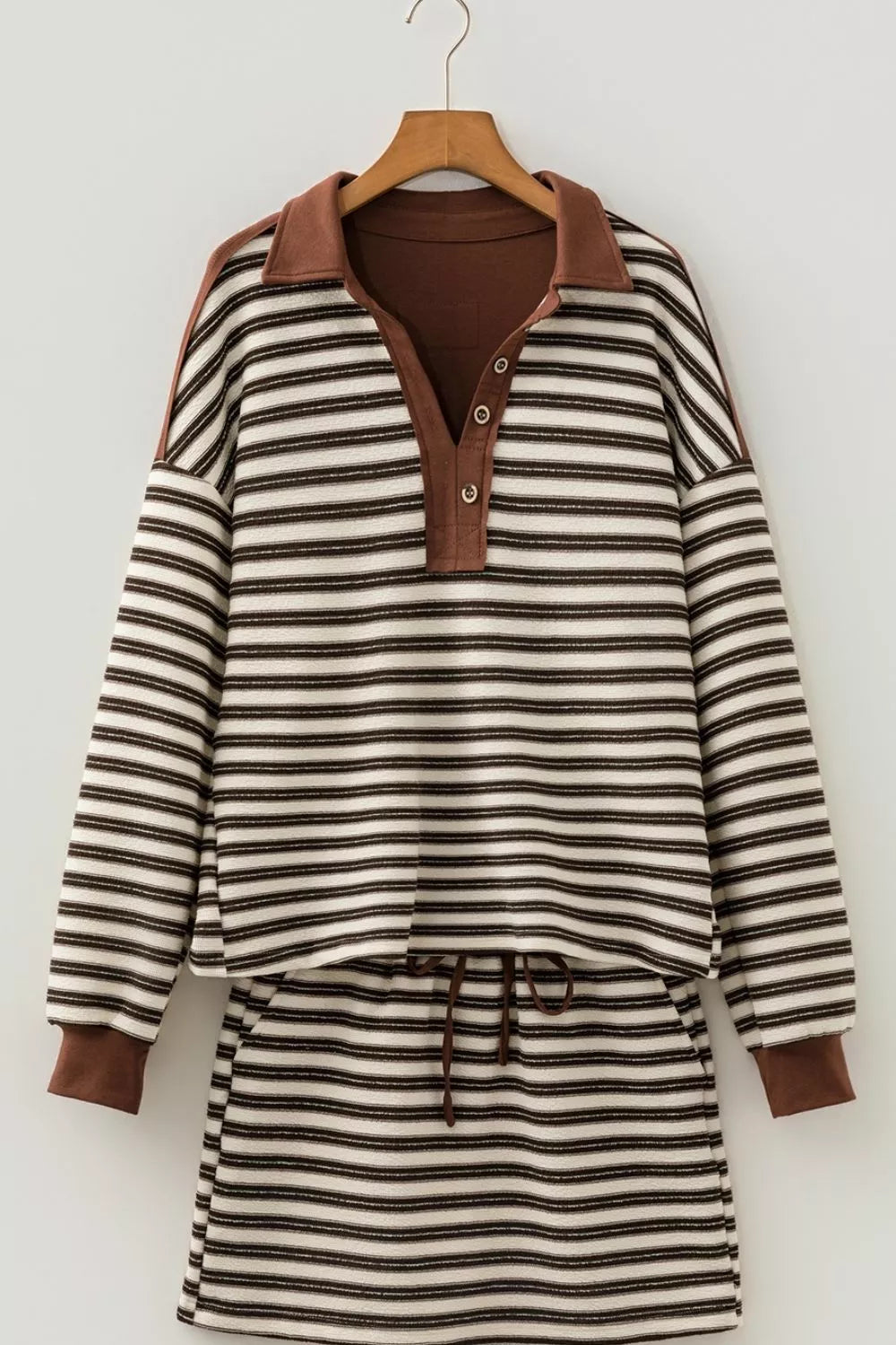 Stripe Contrast Trim Button Neck Long Sleeve Top Drawstring Mini Skirt Set